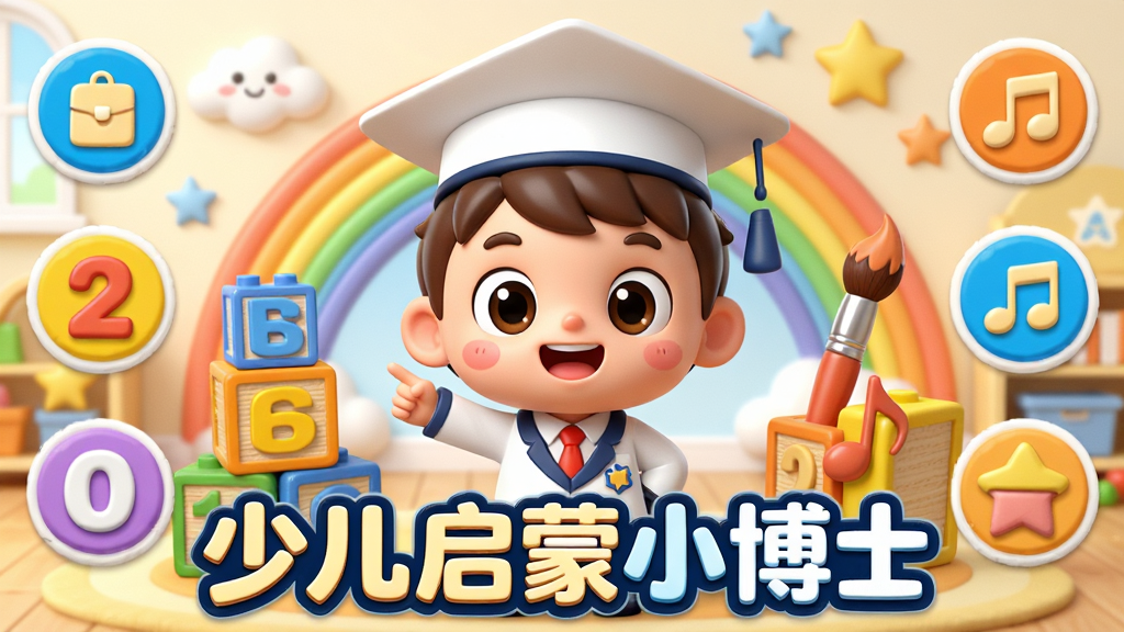 画面主体为“少儿启蒙小博士”卡通吉祥物形象,一个小博士模样的可爱角色站在中央,周围环绕着彩色字母积木、数字方块、画笔和音符。背景采用明亮温馨的儿童房风格,带有彩虹、云朵和星星装饰。布局以角色为中心,四周分布功能图标,整体排版活泼有序。风格为3D卡通渲染,色彩鲜艳饱和,细节精致。画质高清,干净无多余元素,可突出软件名称“少儿启蒙小博士”字样。