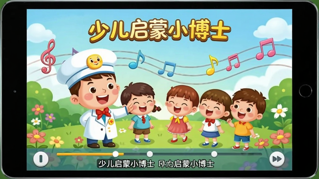 画面主体为“少儿启蒙小博士”儿歌播放界面,屏幕上显示卡通小博士带领一群小朋友唱歌,背景是动态的音符和花园场景。布局采用平板电脑屏幕构图,屏幕内为动画画面,屏幕下方有进度条和歌词字幕。风格为明亮卡通插画,色彩温馨活泼,细节丰富。画质清晰干净,无多余元素,文字标注“少儿启蒙小博士”。