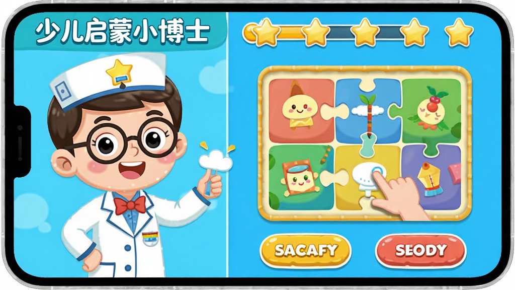 画面主体为“少儿启蒙小博士”互动课程界面,左侧是卡通小博士老师,右侧是拖拽拼图游戏。布局分屏设计,上方有课程进度星星,下方有操作提示按钮。风格为2D卡通UI风格,色彩明快,界面简洁友好。画质高清,无多余元素,突出软件名称“少儿启蒙小博士”。