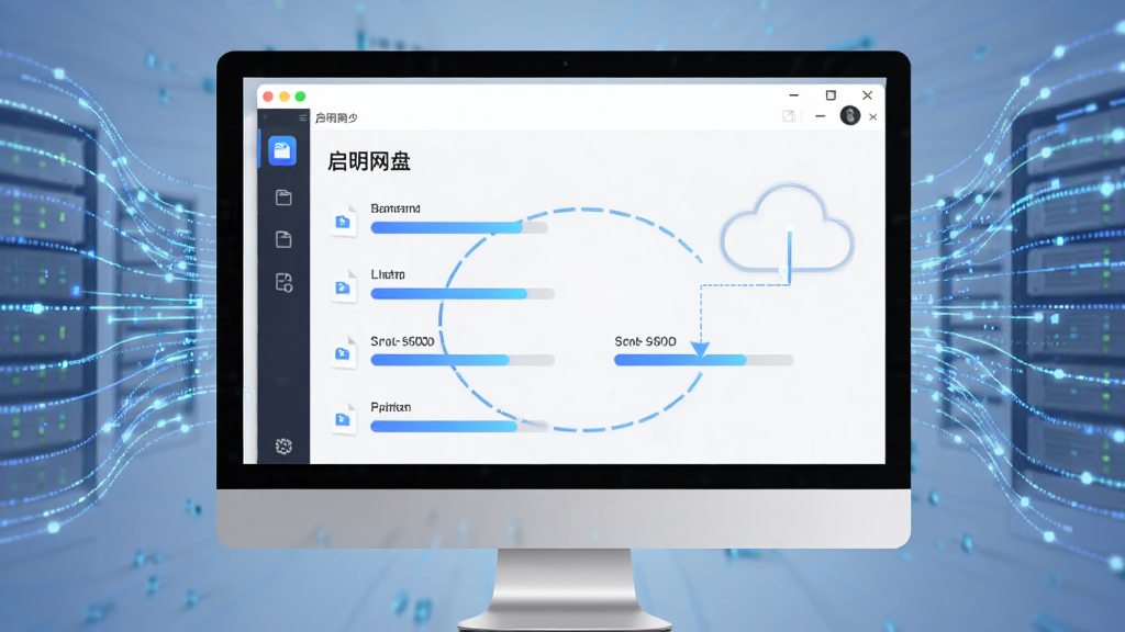 一幅动态示意图风格的图片,前景展示电脑屏幕中的启明网盘客户端同步界面,多个文件正以蓝色进度条向上传输至云端,背景为抽象的数据流动线条,构图以中心对称布局,风格简洁科技感,细节表现同步过程的流畅性,画质清晰干净