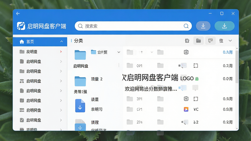 一张展示启明网盘客户端主界面的高清截图,界面左侧为文件分类导航栏,右侧为文件列表区域,顶部有搜索框和上传下载按钮,整体采用蓝白配色,风格简洁现代,画面干净明亮,突出软件名称“启明网盘客户端”的LOGO与欢迎页面,画质细腻无多余元素