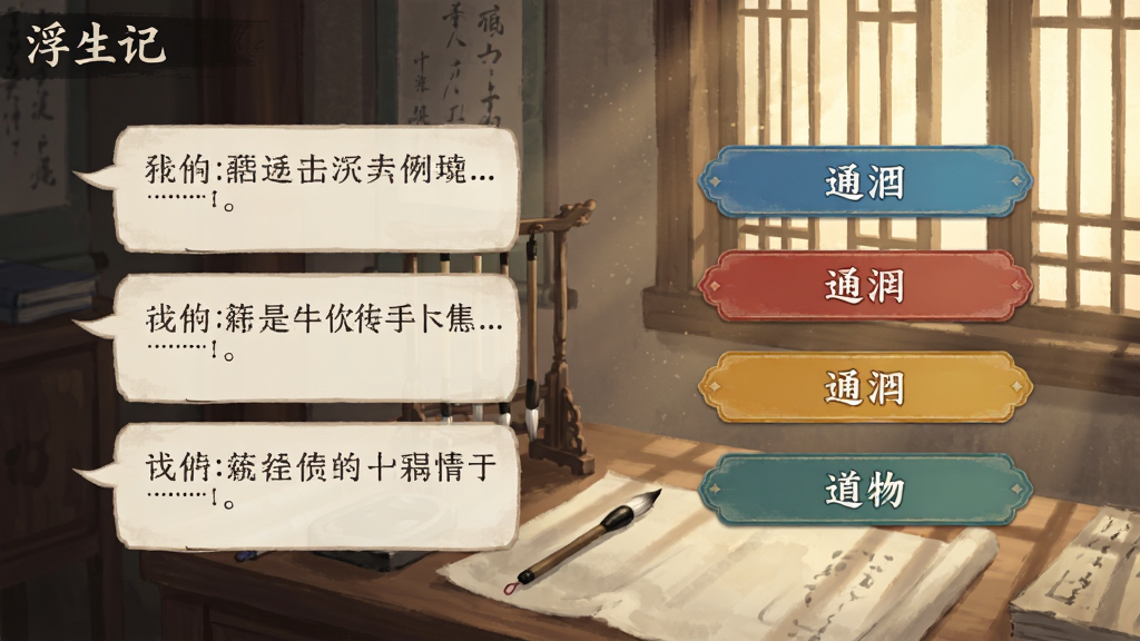 游戏界面截图风格,展示《浮生记》中分支剧情选择界面,左侧是竖排的文言文对话气泡,右侧是四个不同颜色的选项按钮,背景为古风书房场景,有笔墨纸砚和窗棂光影,界面简洁干净,字体为宋体,整体色彩温润淡雅,画面清晰无多余UI元素