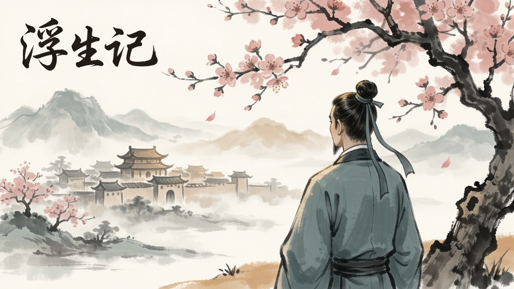 一幅横向构图的古风水墨画,画面中央是一位身着青衫的书生背影,他站在桃花树下远眺群山与云雾中的古城,画面左上角题写“浮生记”三字,采用毛笔墨迹风格,整体色调以淡青、浅赭与留白为主,画风细腻清雅,层次分明,具有中国传统山水画的意境与高清数字绘画的质感,画质干净无多余元素,适合作为游戏宣传图