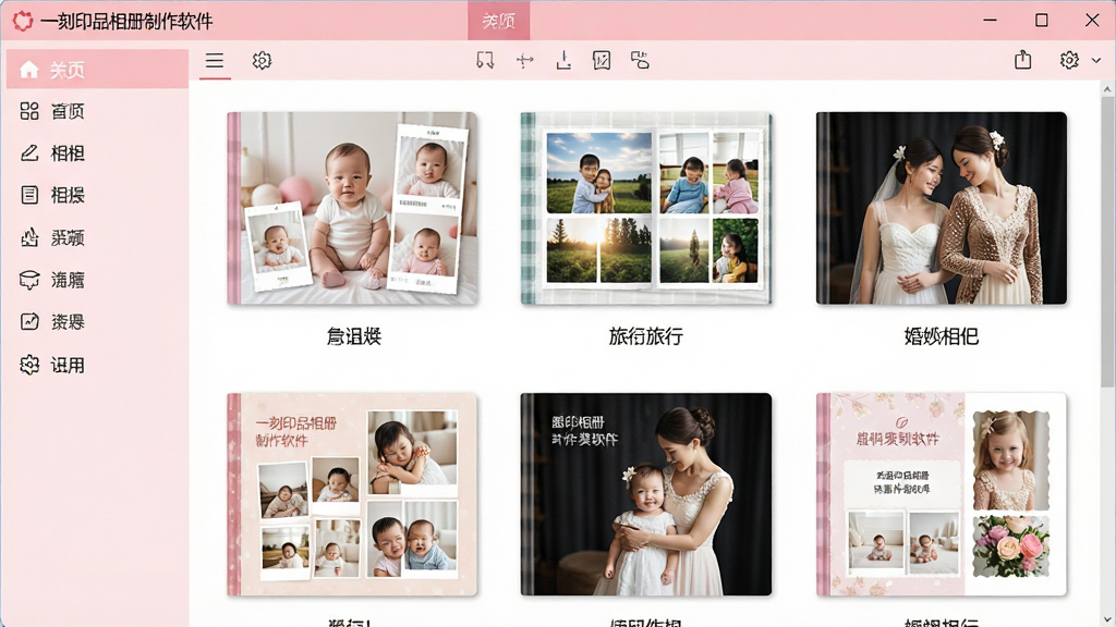 一张展示一刻印品相册制作软件模板库界面的高清截图,画面中央显示多个精美的相册模板缩略图,包含宝宝相册、旅行相册、婚纱相册等风格,模板格子整齐排列,左侧有分类导航栏,界面以浅粉色为主色调,软件名称“一刻印品相册制作软件”出现在顶部工具栏,整体风格清新活泼,画面干净明亮,细节丰富