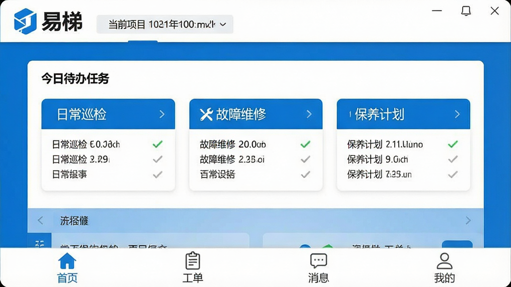 一张展示易梯软件主界面的高清截图,界面以蓝色和白色为主色调,顶部显示“易梯”Logo和当前项目名称,中间是今日待办任务列表,包含“日常巡检”、“故障维修”、“保养计划”三个卡片,底部导航栏有“首页”、“工单”、“消息”、“我的”四个选项卡,整体布局简洁大方,画质清晰,无多余元素。