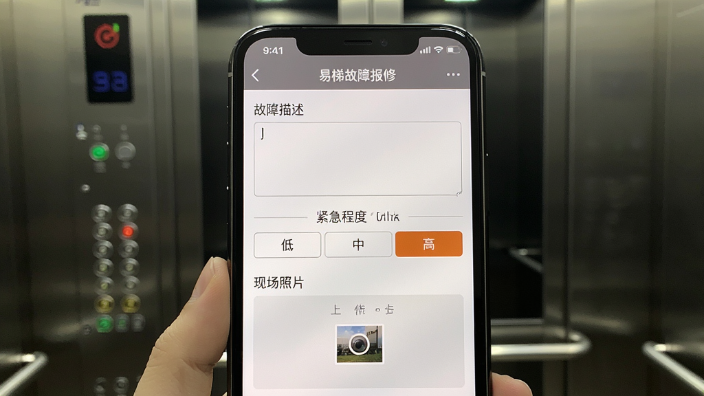一张展示易梯故障报修界面的手机截图,页面包含“故障描述”输入框、“紧急程度”选择按钮(低、中、高)、“现场照片”上传区域,背景为电梯控制柜,画面聚焦于手机屏幕,文字清晰可见,整体风格写实,画质干净。