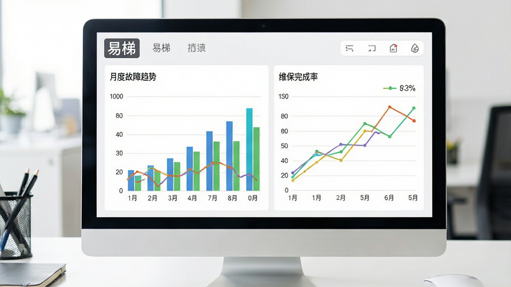 一张展示易梯后台数据报表的电脑屏幕或平板画面,屏幕上显示柱状图、折线图,展示“月度故障趋势”、“维保完成率”,图表配色清晰,有“易梯”字样标识,背景为办公室桌面,画面简洁明亮,无多余元素。