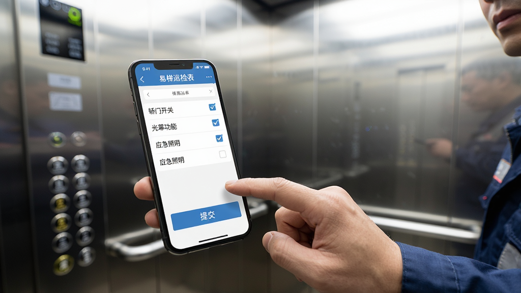 一张展示维保师傅在电梯轿厢内使用手机进行巡检的实拍图,手机界面显示易梯巡检表单,包含“轿门开关”、“光幕功能”、“应急照明”等选项,部分选项已勾选,页面下方有“提交”按钮,师傅手指正点击屏幕,背景为电梯内部,光线明亮,细节清晰。