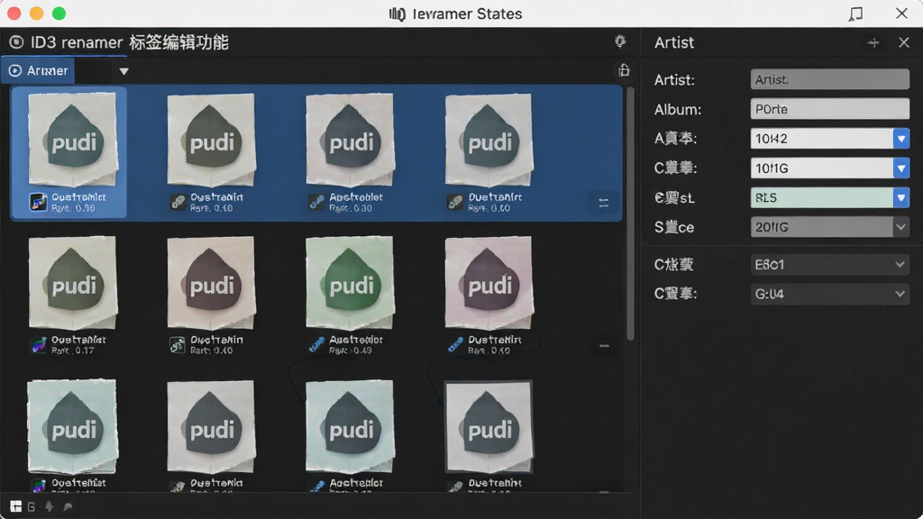 ID3 renamer标签编辑功能展示,界面中多个音频文件被选中,右侧面板显示艺术家、专辑等字段批量修改状态,设计直观,信息排布整齐,色彩清新,干净无多余元素