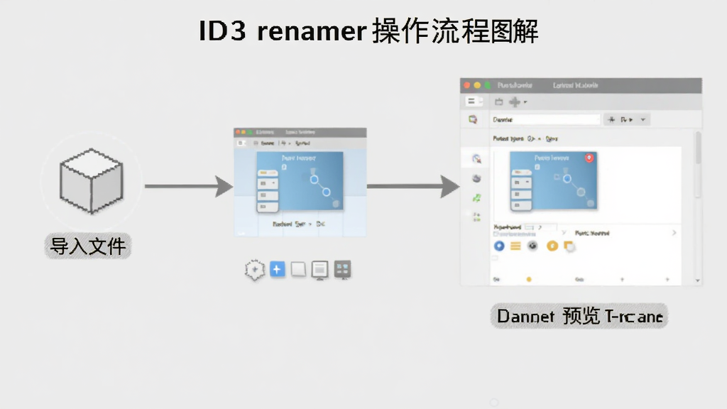 ID3 renamer操作流程图解,展示从导入文件到预览重命名效果的完整步骤,以箭头串联各界面,背景为淡灰色,风格简约,文字标注清晰,干净无多余元素