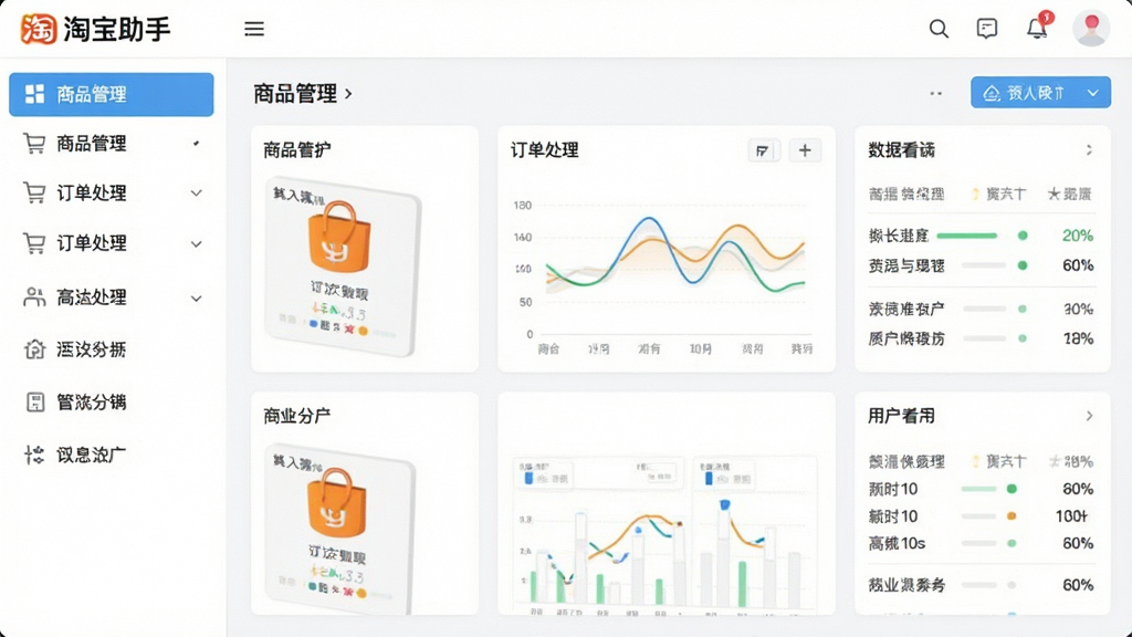一张展示淘宝助手软件主界面的高清截图,界面布局清晰,左侧功能导航栏包含商品管理、订单处理等模块,右侧主区域展示数据看板,整体风格现代简约,色彩明快,画质清晰干净,无多余元素
