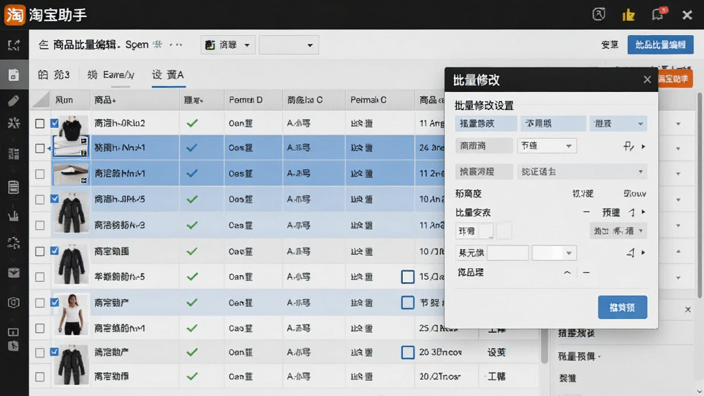 以“淘宝助手”软件界面为背景,设计一张商品批量编辑的操作预览图,画面中展示一个商品列表表格,多行商品数据被选中高亮,旁边弹出批量修改设置窗口,界面风格专业,布局规整,细节丰富,画质高清,无多余元素