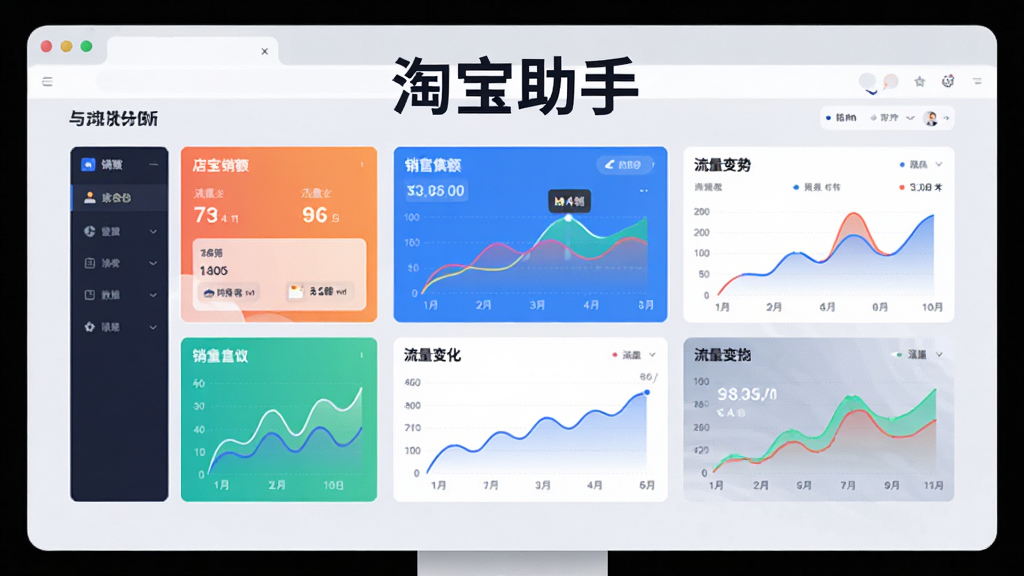 生成一张以“淘宝助手”为标题的数据分析图表预览图,画面主体为多个彩色数据看板和趋势曲线图,展示店铺销售额与流量变化,背景为浅色电脑屏幕风格,布局清晰,科技感强,画质细腻,无多余元素