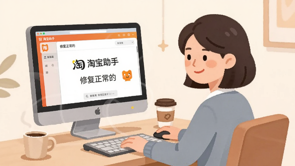 绘制一幅温馨的客服支持场景插画,画面中一位用户坐在电脑前,屏幕上显示“淘宝助手”软件已修复正常的界面,用户表情轻松愉快,桌面整洁,配有咖啡杯,整体色调柔和,简洁干净,无多余元素