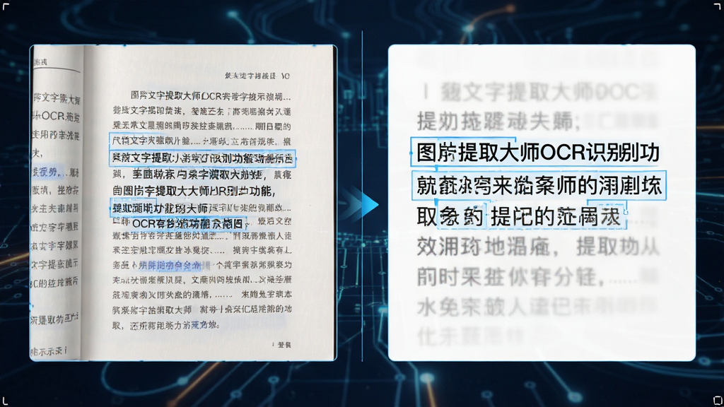 图片文字提取大师OCR识别功能示意图,主体为一张包含中文文字的书籍扫描图片,旁边显示提取出的纯文本内容,布局左右对比,排版整洁,风格科技感,细节展示文字高亮识别框,画质清晰,干净无多余元素