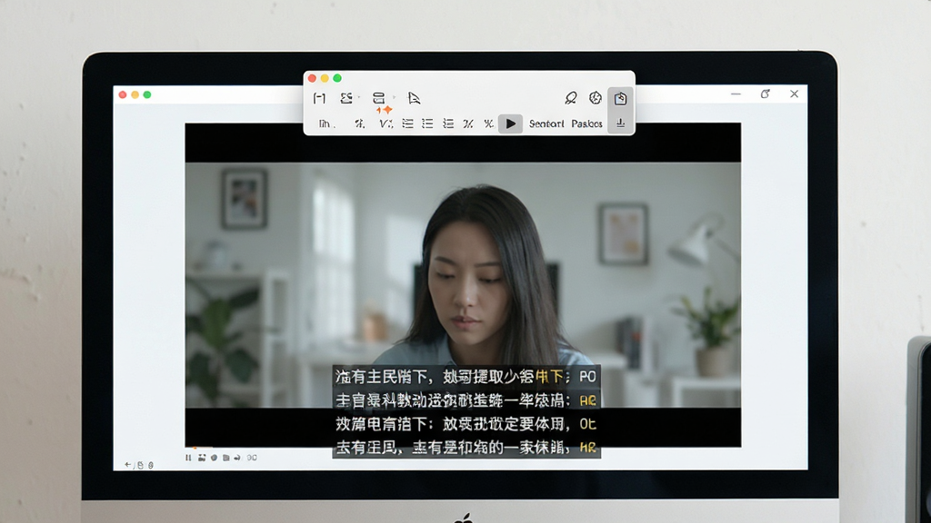 图片文字提取大师截图识别功能使用场景,主体为电脑屏幕上的视频播放画面,屏幕上方悬浮着软件的小工具条,下方为识别出的字幕文字,布局自然,排版直观,风格现代,细节显示快捷键提示,画质清晰,干净无多余元素