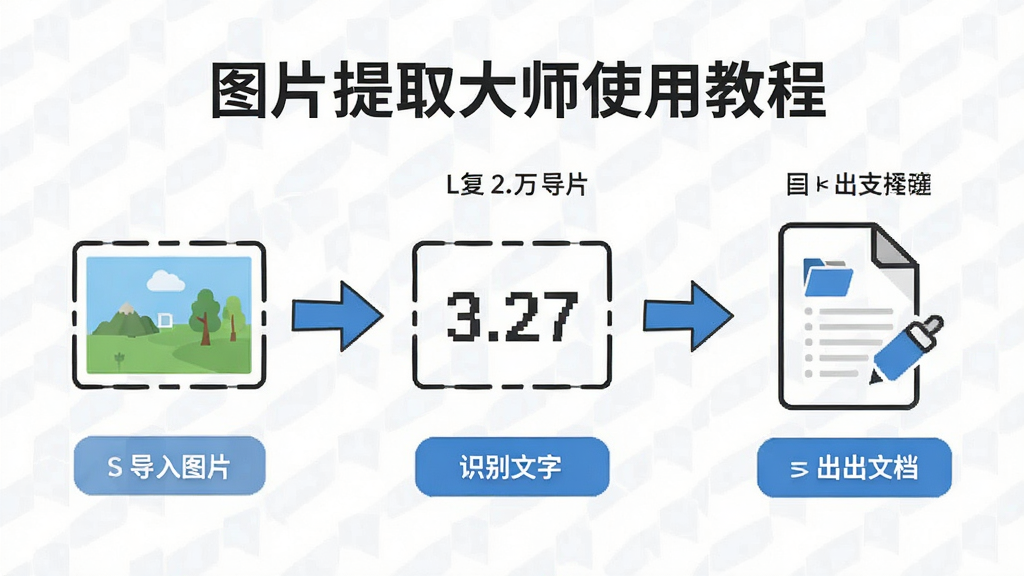 图片文字提取大师使用教程插图,主体为操作流程图,从导入图片、识别文字到导出文档的步骤展示,布局以箭头连接,排版清晰,风格简洁,细节标注功能按钮,画质干净,无多余元素