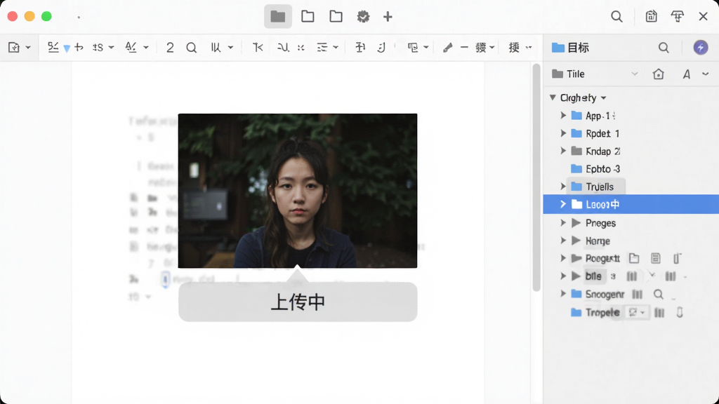 Typora 拖拽图片到文档的动画演示,图片下方显示“上传中”提示,侧边栏文件树高亮显示目标文件夹,界面清爽,操作直观,画质流畅,突显文件管理便捷性