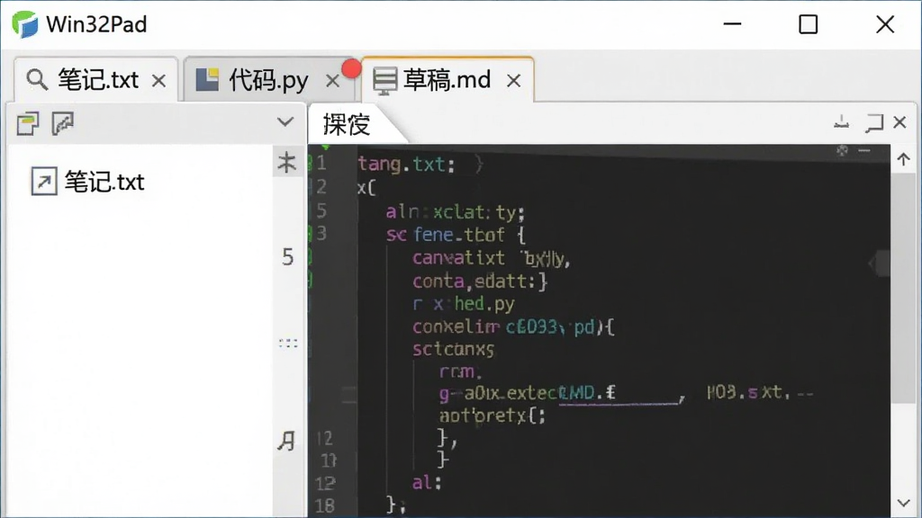 展示Win32Pad多标签页同时打开三个文本文件的界面截图,标签栏位于编辑区上方,分别显示“笔记.txt”“代码.py”“草稿.md”,其中一个标签带有红点标识未保存,整体界面干净整洁