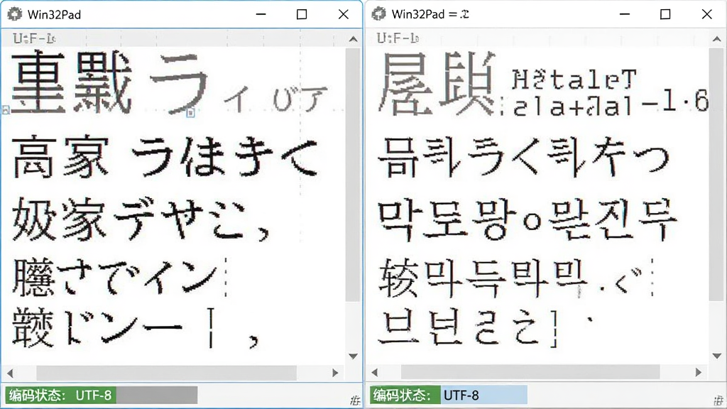 展示Win32Pad打开不同编码文件时的自动识别过程,编辑窗口中显示中文、日文、韩文等多语言字符均正常显示,界面下方有编码状态栏提示“UTF-8”,整体布局清晰,风格明亮简洁
