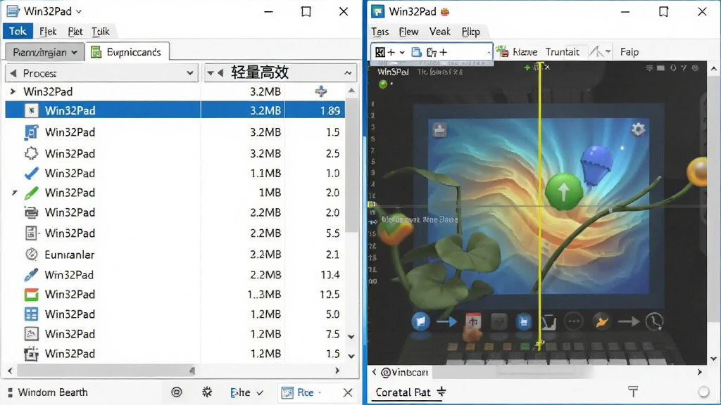 展示Win32Pad在Windows任务管理器中极低内存占用的对比图,界面左侧为任务管理器列表,Win32Pad进程仅占3.2MB,右侧为流畅运行的编辑窗口,画质清晰,风格写实,突出“轻量高效”特点