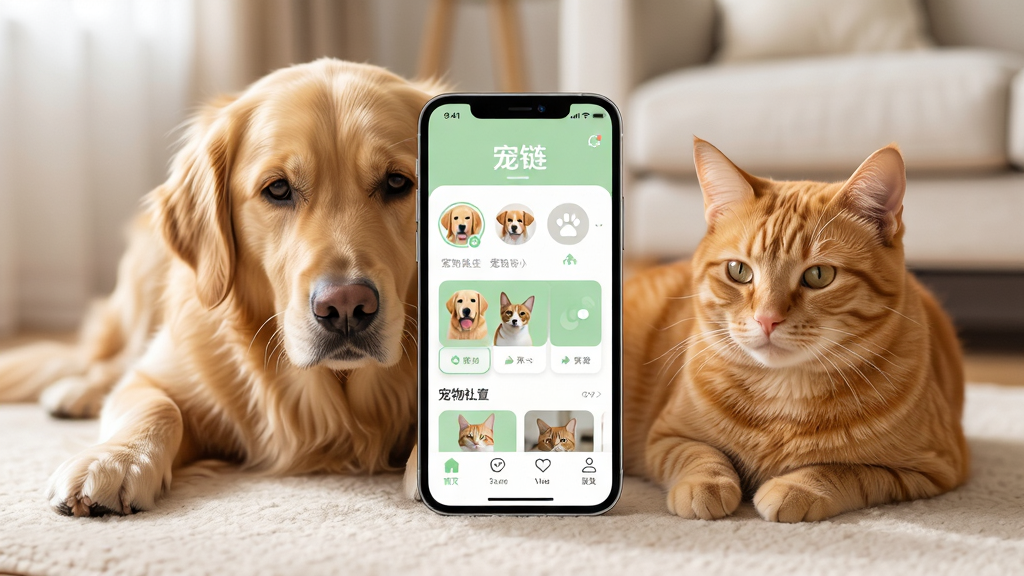 һ����ů���������ڳ���ͼ��������һ�������ֻ���Ļ��ʾ��������APP����ҳ���棬�����������£��Ե���ɫ�Ͱ�ɫΪ��ɫ�����ֻ��Ա�ſ��һֻ��ëȮ��һֻ��è��Ӫ��������罻�ķ�Χ�����ֲ����ֻ����С����ﻷ�ƵĹ�ͼ�����дʵ�Ҹ���������Ϣ��ϸ�ڰ����ֻ������ϵĳ���ͷ��Ͷ�̬��Ƭ�����ʸ��塢�ɾ����޶���Ԫ�ء�