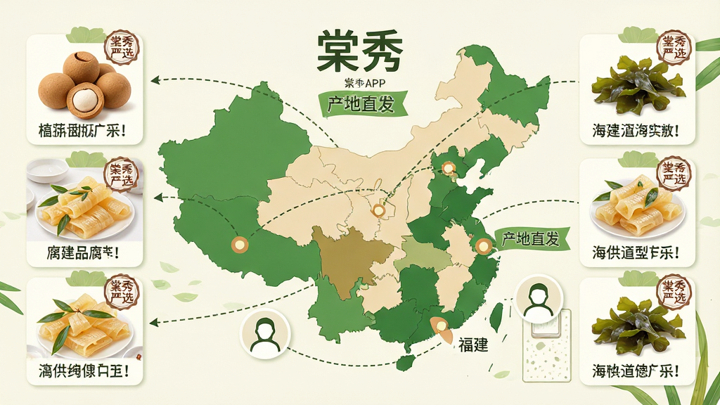 主体:棠秀APP的产地直供功能展示,画面为一张中国地图,标注出广西、福建、广东等主要合作产区,并配有代表性的食材实拍图(如桂圆、腐竹、海带苗)和“产地直发”文字标签。布局:采用图文结合的信息图排版,地图居中,四周环绕食材卡片和简短介绍文字,结构清晰。风格:扁平化插画风格,色彩自然明快,绿色和米色为主色调,突出生态健康。细节:每个食材卡片上方有“棠秀严选”小印章标识,地图上以虚线连接产地与用户,画面干净,画质清晰。