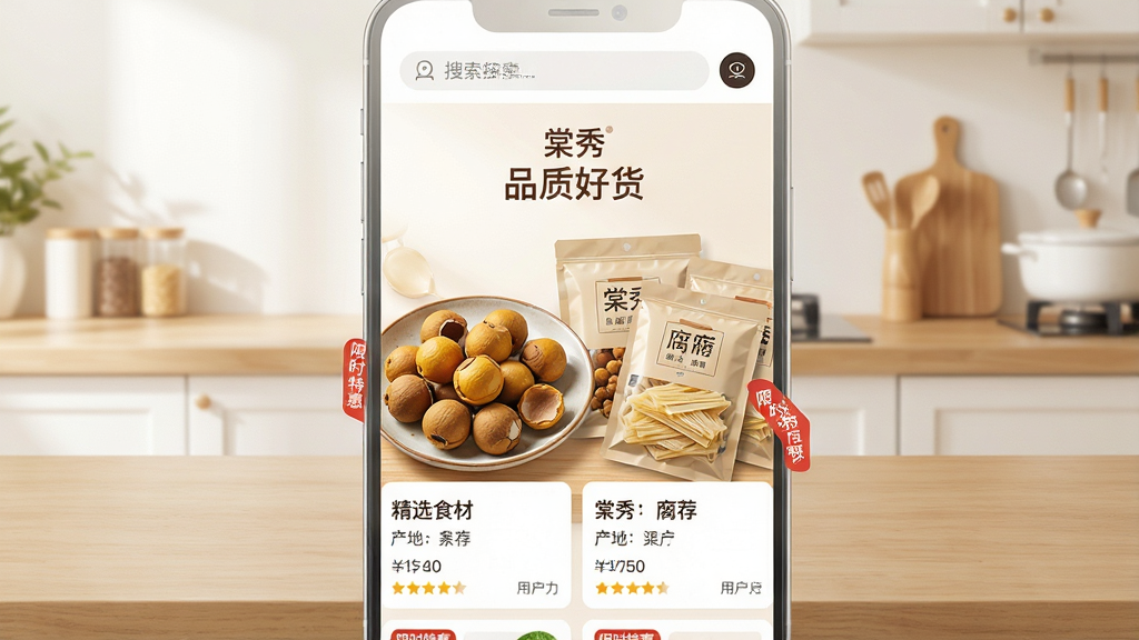 主体:棠秀APP界面预览图,展示首页精选食材推荐,画面中央是一盘色泽金黄的桂圆干和几包包装精美的腐竹产品,背景是干净明亮的厨房场景,带有“棠秀”品牌logo和“品质好货”字样。布局:界面信息层级分明,顶部为搜索栏,下方为商品信息流卡片排列,整体采用左右对称构图。风格:现代简约风格,色调以暖白和木色为主,突出食材的新鲜与原生态,整体氛围温馨且专业。细节:每个商品卡片清晰标注品名、产地、价格和用户评分,屏幕中可见“限时特惠”红色小标签,画面干净无多余元素,画质高清。