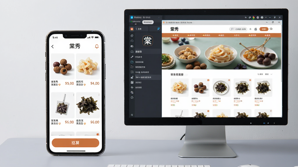 主体:手机屏幕显示棠秀APP的购物车界面,界面中有几样食材(桂圆干、腐竹、紫菜)的缩略图和“结算”按钮,旁边有一部电脑显示器,屏幕上是安卓模拟器的窗口,模拟器中正打开棠秀的首页。布局:手机与电脑并排放置,手机位于左侧,电脑在右侧,形成对比构图,背景为浅灰色工作台。风格:写实摄影风格,光线明亮柔和,突出设备屏幕内容。细节:手机屏幕上有“棠秀”字样和清晰的价格标签,电脑屏幕中可见完整的商品列表,画面干净无杂物,画质高清。