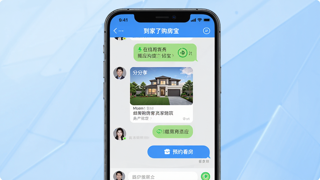画面主体为“到家了购房宝”App聊天界面,屏幕中显示用户与房产经纪人的对话气泡,包含房源卡片分享与预约看房按钮。布局采用手机竖屏居中构图,背景为浅蓝色渐变商务风格。细节上突出在线状态与响应速度标识。画质高清,干净无多余元素,传递高效沟通的品牌理念。