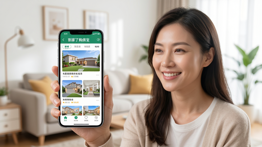 画面以“到家了购房宝”App使用场景为主题,展示用户手持智能手机浏览房源列表,背景为明亮整洁的客厅环境。布局采用平视角度,主体突出手机屏幕上的“到家了购房宝”界面。风格生活化,细节表现用户满意微笑。画质高清,光线柔和,干净无多余元素。