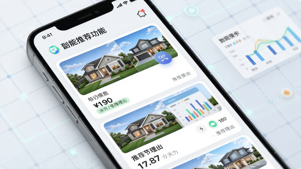 画面展示“到家了购房宝”App智能推荐功能界面,手机屏幕上呈现个性化房源卡片流,每张卡片包含房屋缩略图、价格与推荐理由标签。布局采用瀑布流式排版,背景为浅色科技感网格。风格简约现代,突出算法匹配图标。画质高清,细节表现数据可视化图表,干净无多余元素。