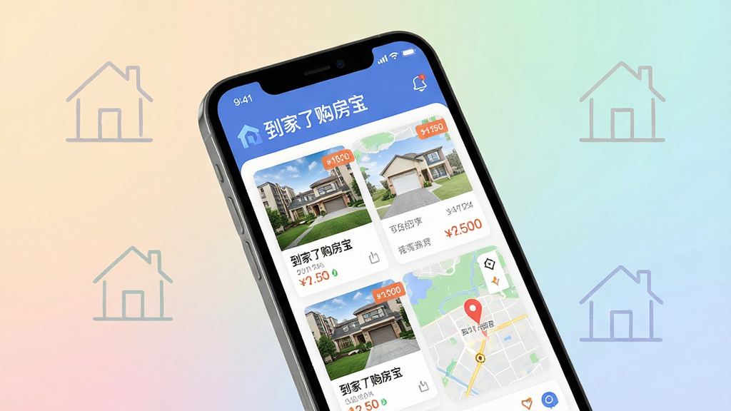 画面主体为智能手机屏幕展示“到家了购房宝”App主界面,界面清晰显示房源列表与地图找房功能。背景采用柔和的渐变色,搭配简约房屋线条图标。整体排版干净现代,界面UI设计扁平化风格,细节处展示小区实景缩略图与价格标签。画面画质高清,光线明亮柔和,干净无多余元素,突出“购房宝”品牌字样。