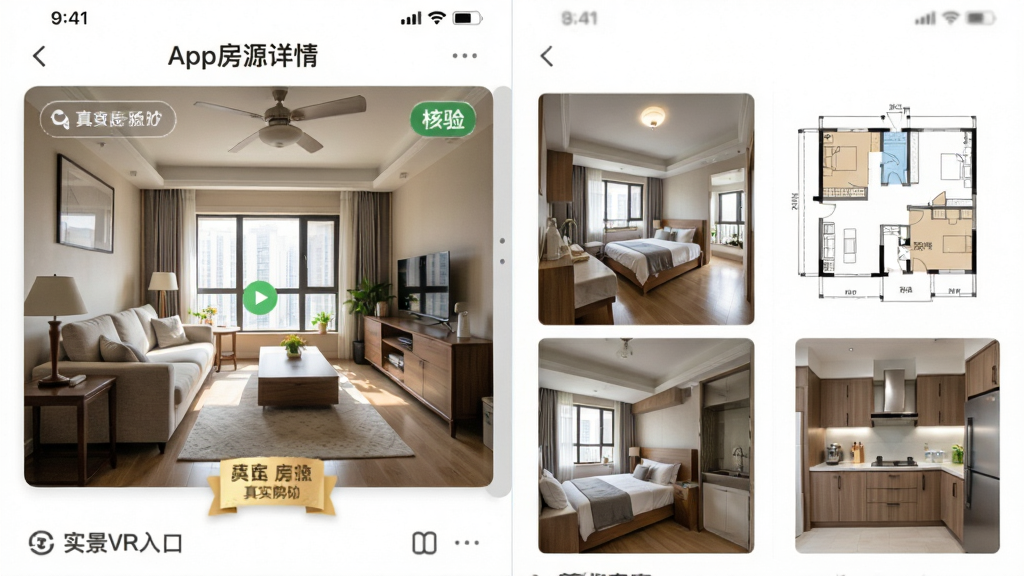 画面以“到家了购房宝”App房源详情页为视觉主体,页面展示真实室内实拍照片与户型图。布局上采用上下滑动式排版,突出房源核验标识与实景VR入口。风格写实清晰,细节上展示客厅采光、卧室布局与厨房设施。画质高清,色彩自然,干净无多余元素,强调“真实房源”核验标签。