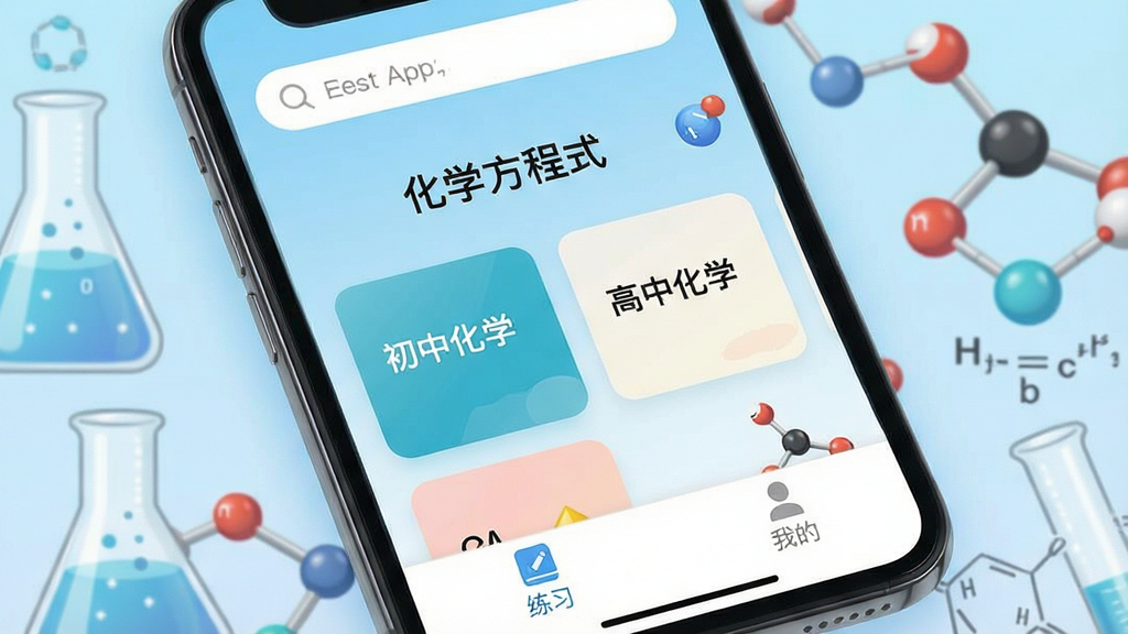 画面主体为一部智能手机屏幕特写,屏幕中清晰展示“化学方程式”app主界面,界面顶部有搜索框,中部以卡片式布局展示“初中化学”“高中化学”分类,底部有“练习”“我的”标签栏,背景为浅蓝色渐变,配以烧杯、分子模型等化学元素装饰,整体风格简洁现代,UI设计清晰,画质高清,干净无多余元素