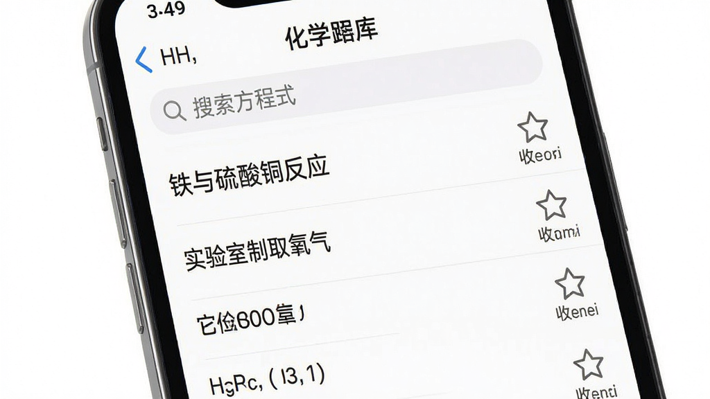 画面主体为手机屏幕列表页,显示“化学方程式”app的方程式库分类列表,顶部为搜索栏,列表项包含“铁与硫酸铜反应”“实验室制取氧气”等条目,每条右侧有“收藏”图标,背景为白色清爽风格,列表清晰易读,画质高清,无多余元素