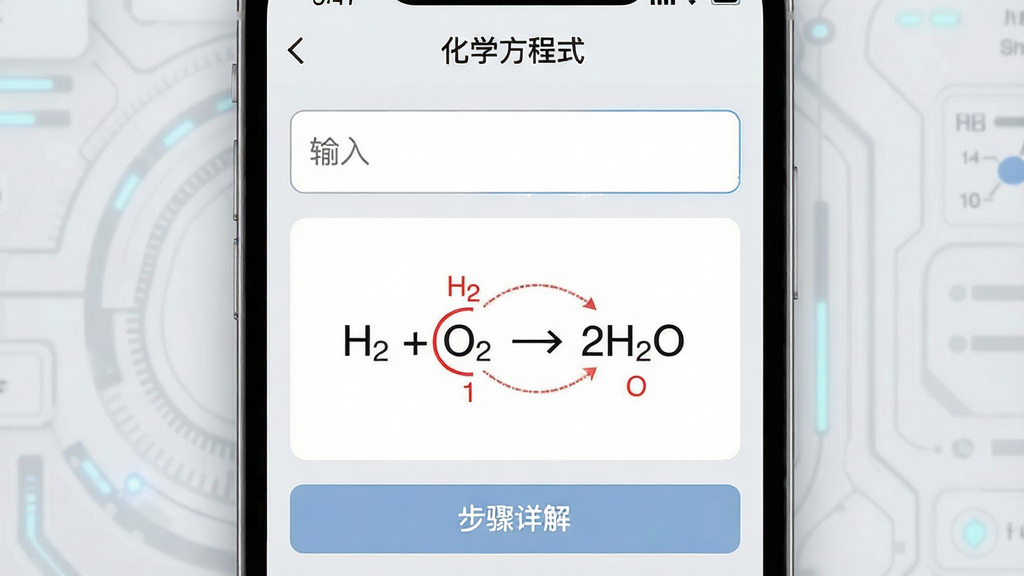 画面主体为手机屏幕截图,显示“化学方程式”app的智能配平功能页面,上方为输入框,下方展示配平结果:H2 + O2 → 2H2O,并用红色标注系数变化,屏幕下方有“步骤详解”按钮,背景为浅灰色科技感界面,简洁清晰,画质高清,干净无多余元素