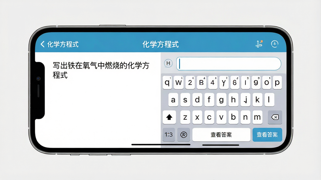 画面主体为手机横屏操作演示,屏幕中显示“化学方程式”app的默写练习界面,左侧是题目“写出铁在氧气中燃烧的化学方程式”,右侧为键盘输入区域,下方有“查看答案”按钮,背景为纯色,风格简洁,画质高清,干净无多余元素