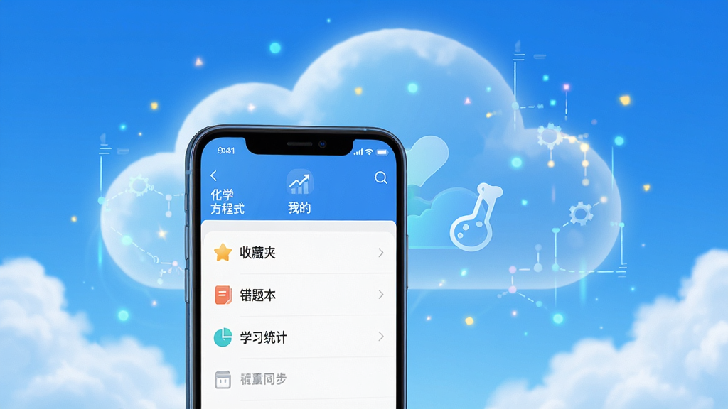画面主体为手机与云同步概念图,手机屏幕显示“化学方程式”app中“我的”页面,包含“收藏夹”“错题本”“学习统计”等选项,背景为蓝色天空与云朵,象征云端同步,风格明亮,画质高清,无多余元素