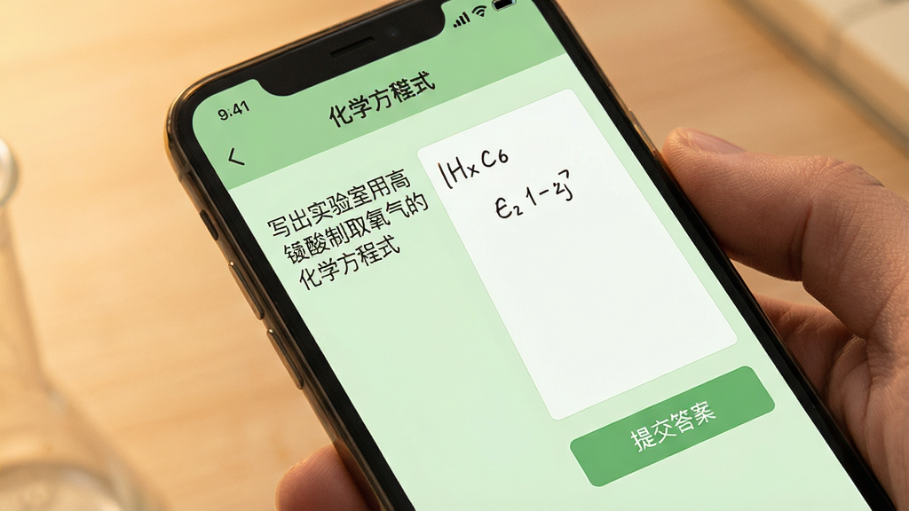 画面主体为手机屏幕显示“化学方程式”app的默写模式,左侧为题目“写出实验室用高锰酸钾制取氧气的化学方程式”,右侧为手写输入区域,下方有“提交答案”按钮,背景为淡绿色护眼风格,界面温馨,画质高清,无多余元素