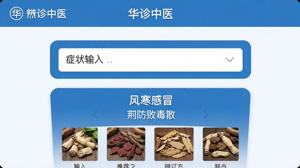 一张“华诊中医”智能问诊功能的操作截图,画面中央是症状输入框,下方显示“风寒感冒”的辨证结果及推荐方剂“荆防败毒散”,配有药材图片,界面以蓝白为主色调,简洁现代,文字清晰,画质干净,无多余元素