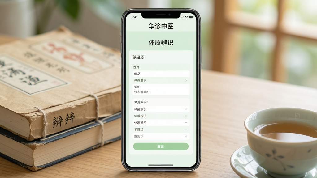 一张“华诊中医”软件在智能手机上的运行效果图,手机竖屏显示,屏幕中展示“体质辨识”问卷页面,背景为淡绿色,画面清新,手机旁边放有中医书籍和茶杯,场景生活化,构图稳定,画质干净清晰,无多余元素
