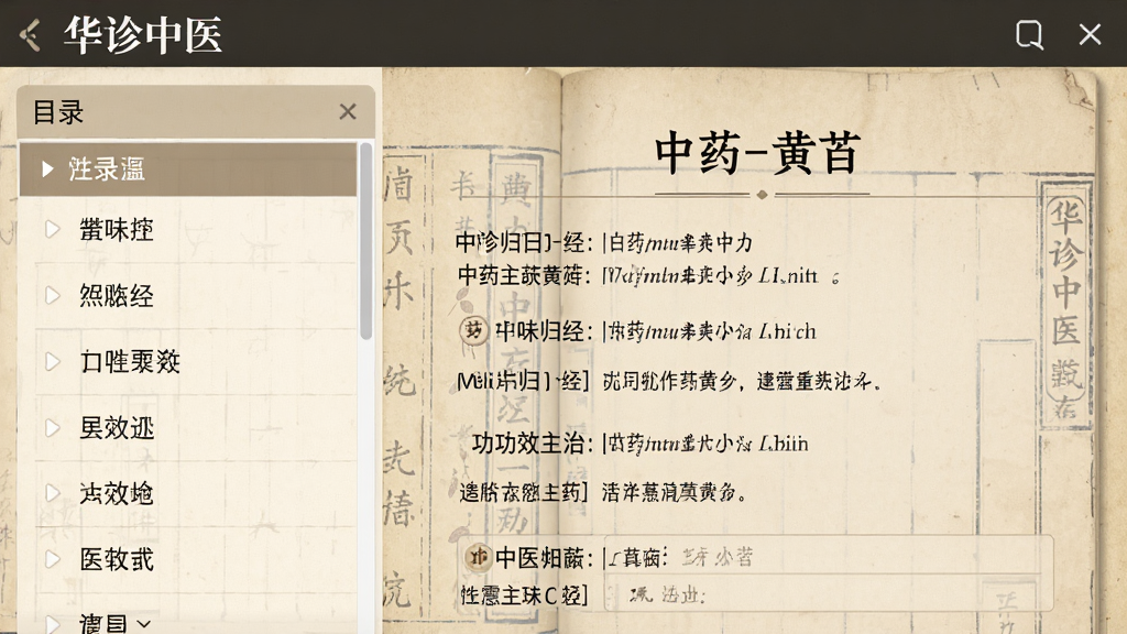 一张“华诊中医”软件内中医知识库的界面预览图,左侧为目录列表,右侧显示“中药-黄芪”的详情页,包含性味归经、功效主治等文字,背景有淡淡的古籍书页纹理,界面布局清晰,字体端正,色彩古朴典雅,画质干净,无多余元素