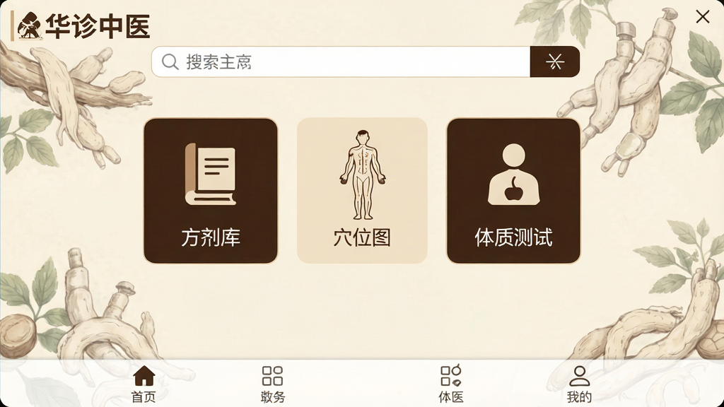 一张展示“华诊中医”软件主界面的高清截图,界面包含顶部搜索栏、中部功能图标区(如“方剂库”、“穴位图”、“体质测试”)、底部导航栏,背景为淡雅的中医草药纹理,整体风格简洁专业,色彩以米白和深棕为主,文字清晰,画质干净,无多余元素