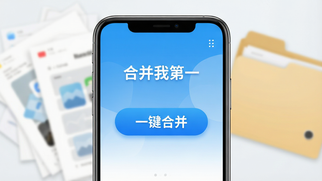 一张智能手机屏幕特写,屏幕内展示“合并我第一”软件的清爽主界面,界面以蓝白渐变为主色调,中央区域有醒目的“一键合并”按钮,背景虚化处理,摆放着凌乱的散落纸张与一个整洁的文件夹,主体+居中布局+扁平化设计风格+高光质感+8K画质+干净背景+无多余元素