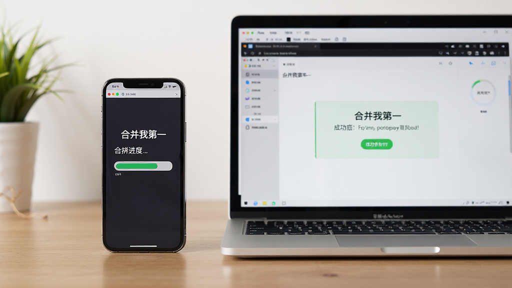 一部手机与一台笔记本电脑并排放在桌面上,屏幕中均显示“合并我第一”软件运行界面,手机界面显示合并进度条,电脑模拟器界面显示成功提示,画面风格写实,主体+对称布局+生活化场景+细节刻画+高清画质+干净背景