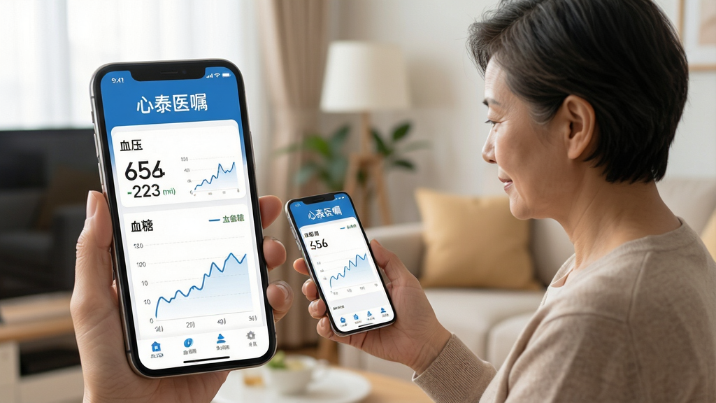 一张展示心泰医嘱核心功能的场景图,主体为智能手机屏幕上的健康管理界面,界面清晰显示血压、血糖的测量数值与折线趋势图,背景为温馨的家庭环境,一位中年用户正手持手机查看数据,画面布局干净,突出“心泰医嘱”品牌名称,整体风格现代简约,色调以蓝色和白色为主,画质高清,光线柔和,干净无多余元素