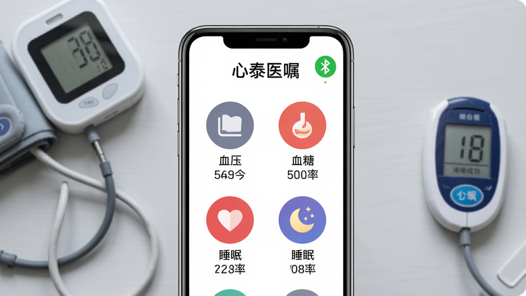 展示心泰医嘱数据记录功能,主体为手机界面中多个圆形图标,分别代表血压、血糖、心率、睡眠,每个图标下方有对应的最近一次测量数值,界面右上角有蓝牙连接成功标识,背景为浅灰色桌面,放置有电子血压计和血糖仪,布局对称,风格简洁清晰,突出“心泰医嘱”名称,画质干净,无多余元素