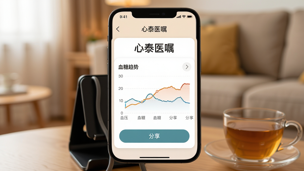 一张手机截图风格的图片,展示心泰医嘱的周报页面,主体为一张包含血压、血糖趋势线的报告卡片,卡片底部有“分享”按钮,背景为模糊的客厅环境,画面中有手机支架和一杯茶,整体色调温暖,突出“心泰医嘱”名称,画质干净,无多余元素