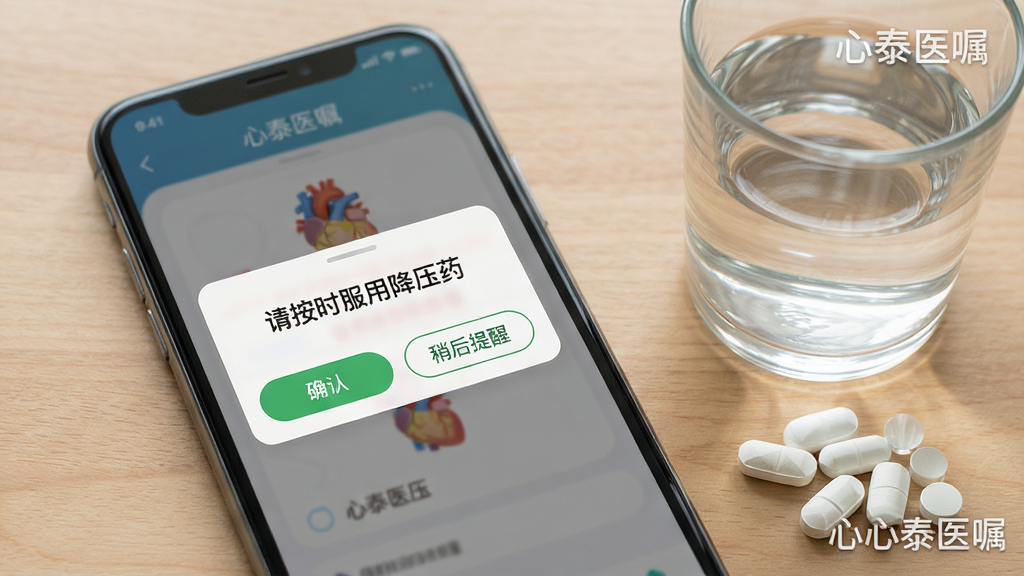 展示心泰医嘱的用药提醒功能,主体为手机端弹出的提醒卡片,卡片上写着“请按时服用降压药”,下方有“确认”与“稍后提醒”按钮,手机旁边放置一杯水和几粒药片,背景为简洁的木质桌面,界面风格友好,文字清晰带有“心泰医嘱”水印,画质清晰,无多余元素